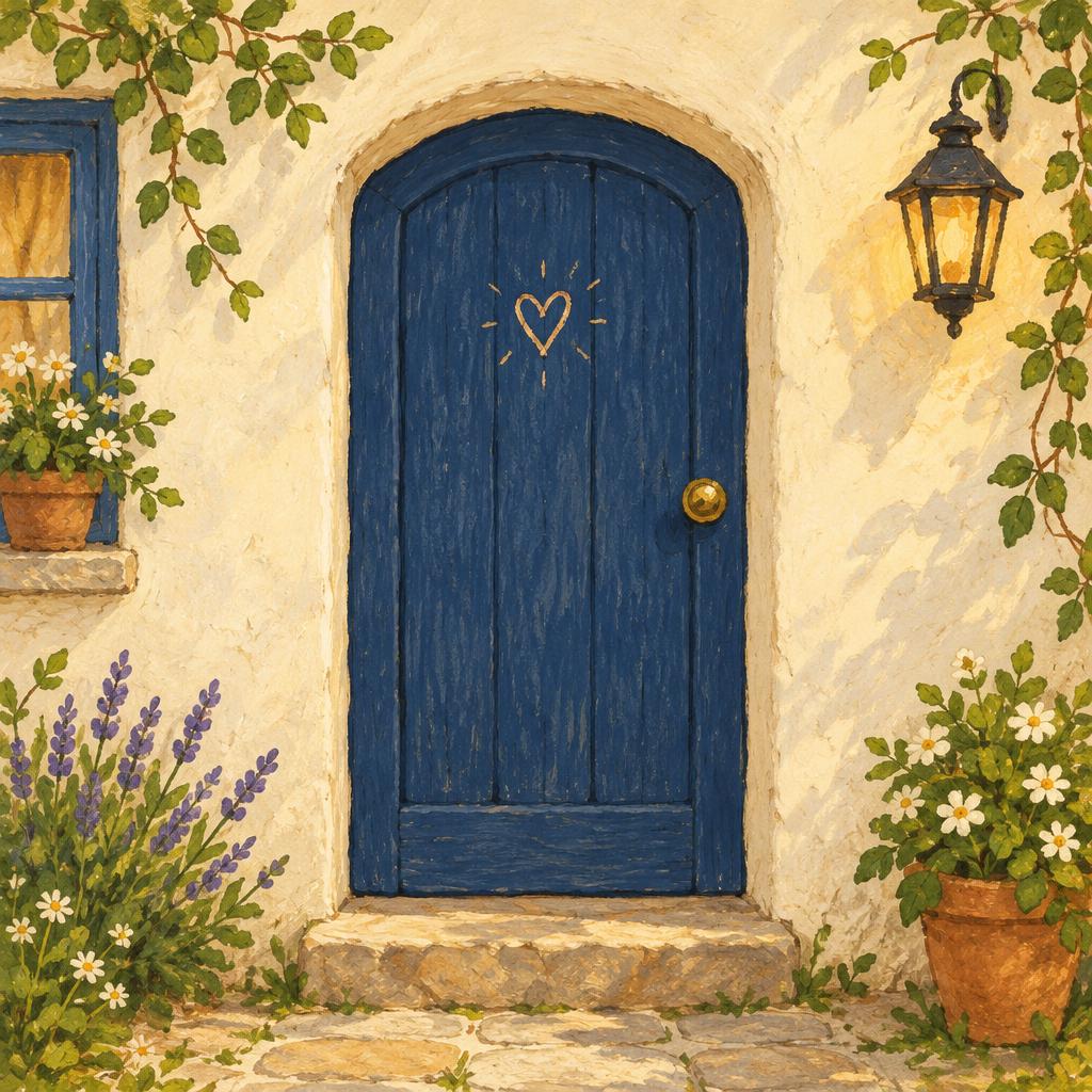 A hand painted navy door with a little heart doodle